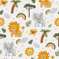 Childish seamless pattern with safari animals and botany elements. Lion, elephants, palm, butterfly on light background vector