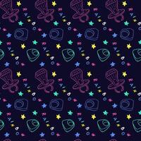 Colorful retro 90s seamless pattern with rings, stars and fun text Rainbow in vibrant neon colors on dark background. vector