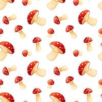 Seamless pattern red fly agarics with white specks on a white background. Forest fairytale, poisonous mushrooms. Design for forest and fairytale packaging, textiles, wallpapers and backgrounds. vector