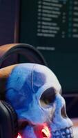 Vertical Extreme close up of software interface on PC screens showing lines of code running in empty criminals den. Hacking malware programming script on displays in underground base, handheld camera shot video