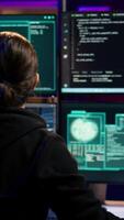 Vertical Hackers found by cybercriminal law enforcement escaping with stolen data on SSD after failing to conceal online identity. Criminal in hideout running from police after hacking into servers, camera B video