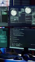 Vertical Hacker getting angry after failing to successfully develop spyware software stealing data. Frustrated scammer upset after written malicious code proves to be unsuccessful, camera A video