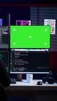 Vertical Cybercriminal uploading USB flash drive containing stolen information into green screen computer. Scammer inserting storage device into chroma key PC with data obtained from security breach, camera B video