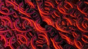 Rows of red spherical chained rings, seamless loop. Design. Top view of many bonded rings glowing and rotating. video
