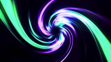 Neon funnel with colorful twisting rays, seamless loop. Motion. Curved bright lines on a black background resembling tornado. video