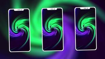 3D abstract background of twisted phone silhouettes on the background of colorful spheres. Motion. Presentation of new smartphone. video