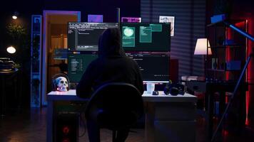 Lone wolf hacker in secret hideout trying to hide online activity after stealing data. Cybercriminal attacking victims PCs using computer virus, trying to avoid being detected, camera B video