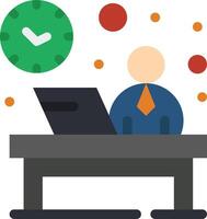 A man sitting at a desk with a laptop and a clock vector