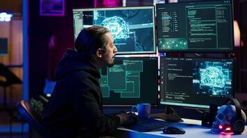 Hacker using AI technology to target vulnerable unpatched connections to steal data. Cybercriminal using artificial intelligence to compromise digital devices and gain illicit info, camera A video