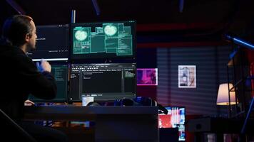 Hacker in hidden apartment trying to steal valuable data by targeting governmental websites but getting access denied error message, having cyber attacks rejected, camera B video