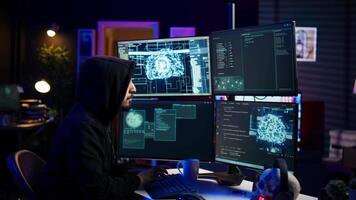 Hacker running artificial intelligence spyware software designed to gather information from users computers without their knowledge. Scammer commits fraud using AI, camera B video