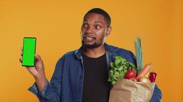 Young adult holding a smartphone with greenscreen layout in studio, carrying bio groceries in a paper bag and advertising healthy eating. Vegan person presenting mockup screen. Camera A. video