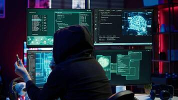 Hacker inserting USB in computer after managing to steal sensitive data, close up. Scammer uploading storage drive into PC after obtaining sensitive information from users using malware, camera A video
