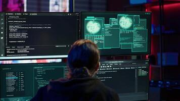 Hacker in hidden apartment trying to steal valuable data by targeting governmental websites but getting access denied error message, having cyber attacks rejected, camera A video