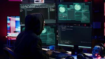 Hacker happy after successfully penetrating firewalls using malware, seeing access granted notification. Rogue programmer successfully gaining access to victim data, camera A video