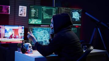 Hacker inserting USB in computer after managing to steal sensitive data, close up. Scammer uploading storage drive into PC after obtaining sensitive information from users using malware, camera B video