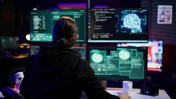 Hackers found by cybercriminal law enforcement escaping with stolen data on SSD after failing to conceal online identity. Criminal in hideout running from police after hacking into servers, camera B video