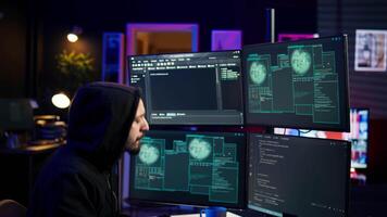 Hacker happy after successfully penetrating firewalls using malware, seeing access granted notification. Rogue programmer successfully gaining access to victim data, camera B video