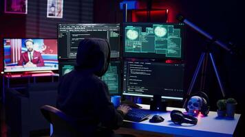 Hacker happy after successfully doing computer sabotage using ransomware, seeing access granted message. Cybercriminal successfully gaining access to victim data, demanding ransom money, camera B video