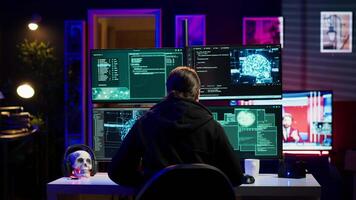 Hacker in hideout interrupted by police sirens from writing malware code on computer, running to escape before getting caught. Criminal den found by anti hacking law enforcement, camera A video