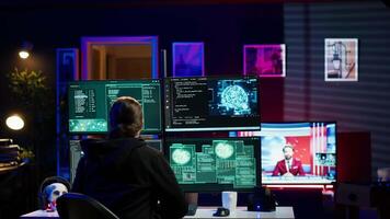 Hackers found by cybercriminal law enforcement escaping with stolen data on SSD after failing to conceal online identity. Criminal in hideout running from police after hacking into servers, camera A video