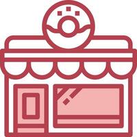 A red and white icon of a shop with a donut on the front vector