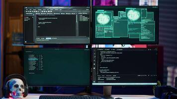 Code running on monitors in empty apartment used by hacker stealing state secrets from another countries. Malicious scripts on PC screens used by spy infiltrating governments video