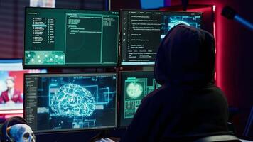 cibercriminoso usando ai máquina Aprendendo para desenvolve zero dia explorar indetectável de antivírus Programas. hacker usando artificial inteligência tecnologia para Construir roteiro trapaça firewalls, Câmera uma video