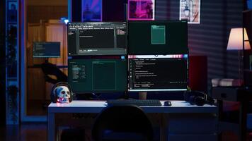 Lines of code running on PC in empty hidden apartment, used by hacker to steal data by targeting unpatched security systems, compromising digital devices, attacking firewalls video