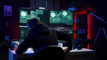 Cheerful cybercriminal celebrating after managing to get past security systems, hiding in secret HQ. Joyous hacker feeling proud after breaching defenses using rogue scripts, camera B video