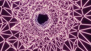 Tunnel with neon dots and lines. Design. Vibrating tunnel made of polygon mesh. Bright tunnel with swaying neon dots and lines video