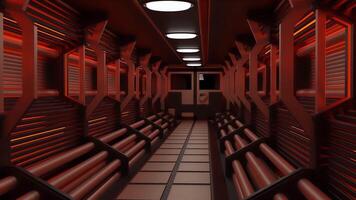 A corridor in abstraction. Design. A bright red illuminated room with lamps, doors, pipes from below is made as a background. video