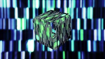 brilhante roxa e azul quadrado dentro 3d. movimento. uma brilhante roxa e verde fuga com uma cubo este abre e fecha e brilhos às a mesmo Tempo . video