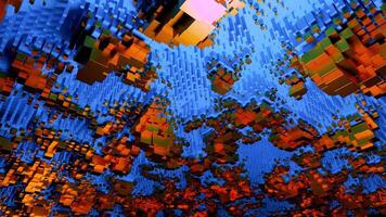 Background with moving blue and red cubes and rectangles, seamless loop. Design. Simple figures in the form of a cube move in wavy motion. video
