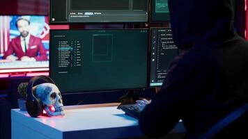 Lone wolf hacker in secret hideout trying to hide online activity after stealing data. Cybercriminal attacking victims PCs using computer virus, trying to avoid being detected, camera A video