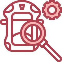 A red and white icon with a magnifying glass and a gear vector