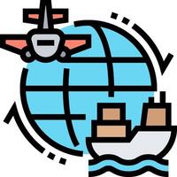 A globe with an airplane and a ship vector
