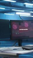 Vertical Programmer in server hub workspace requesting assistance from colleagues during hacking attack on computers. Software developer asking for help from colleagues to protect data from unauthorized access video