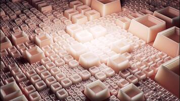 Soft pink squares. Design. 3d squares of different sizes are moving forward and bright light shines on them. video