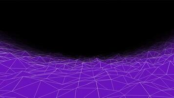 Flying above plexus grid landscape on a dark background, seamless loop. Animation. Futuristic background with uneven bright surface. video