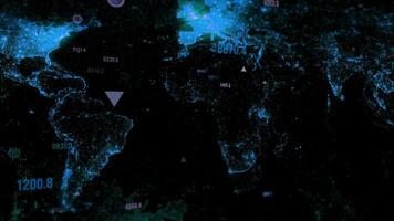 World map digital view with changing numbers and icons, global communication concept. Motion. Digital technology, business background. video