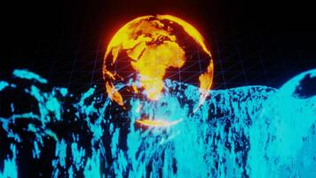 Globe and digital data on wireframe background. 3D render animation of big data concept with artificial inteligence, science communication design technology and business video