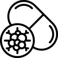 A black and white illustration of a pill with a virus vector