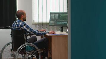 Freelancer photo designer with disability in wheelchair editing post production a project creating content in modern company office. Videographer working from photo studio. video