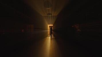 Mysterious figure in dark hallway, surrounded by light rays, casting eerie glowing silhouette video
