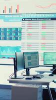 Vertical Empty telecommunications company system control and monitoring room, coworking space equipped with a big screen to follow and monitor enterprise statistics or progress. Camera B. video