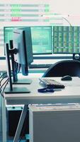 Vertical Empty business enterprise control room with a big LED screen used in monitoring organizational statistics and progress. Global firm headquarters used for briefing meetings. Camera A. video