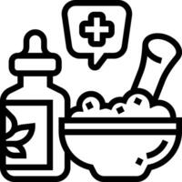 A black and white image of a bottle and bowl with a medicine vector