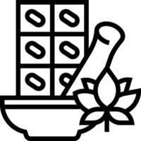 A black and white illustration of a bowl with pills and a flower vector