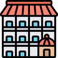 A building with a red roof and a sign on it vector